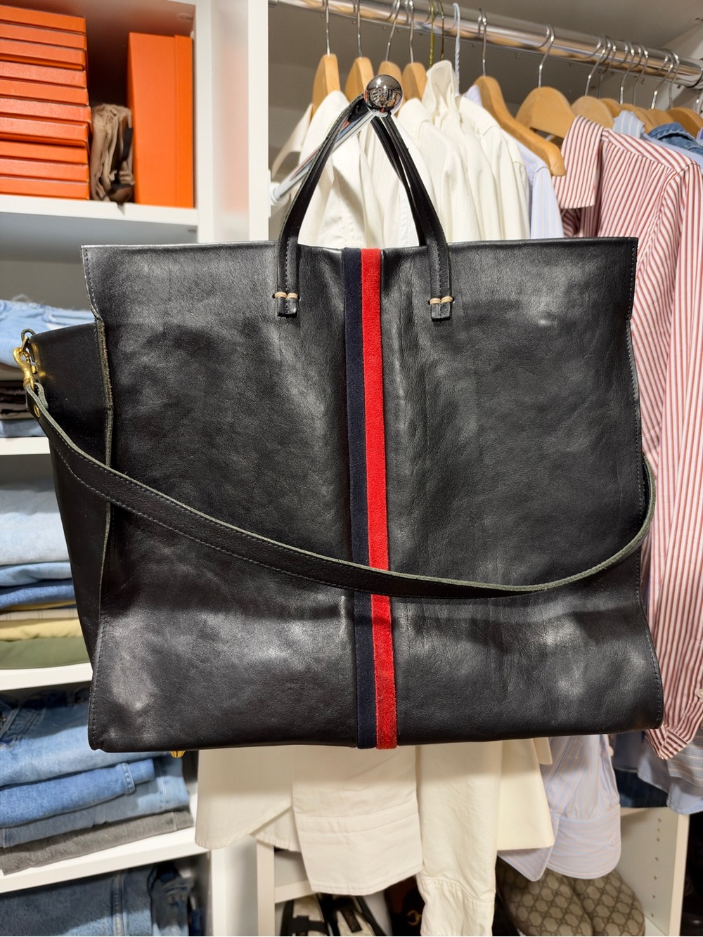 Clare V Simple Tote Bag Black Leather Shoulder Tote with Red and Navy Stripe
